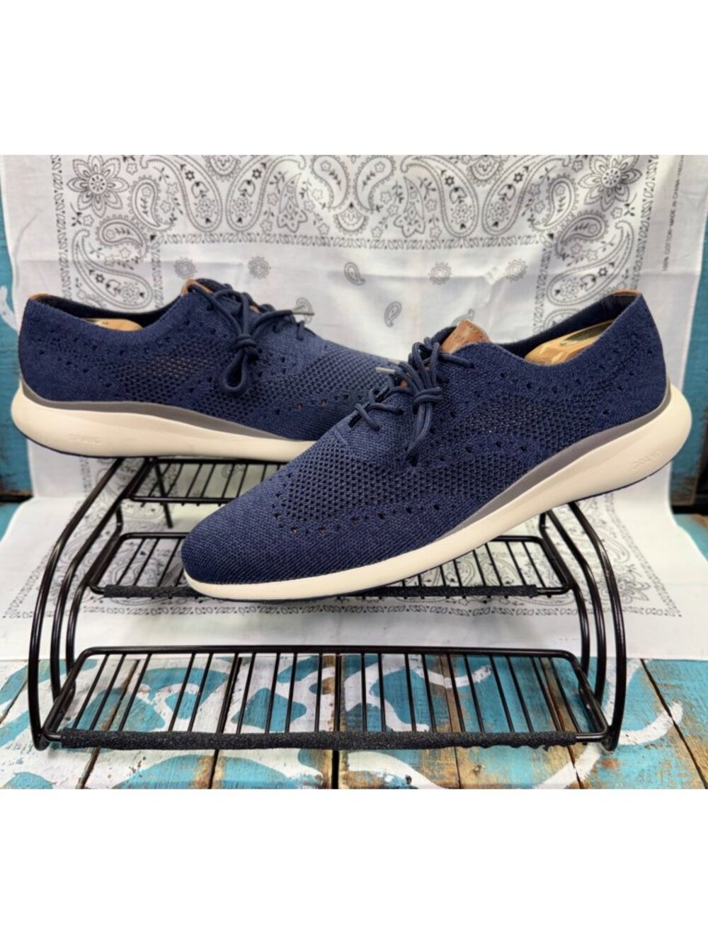 Cole Haan Mens Grand Troy Knit OX Marine Navy Blue Ivory Dress Shoes Sz 12
